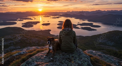 Wallpaper Mural Woman and dog enjoy sunset view Torontodigital.ca