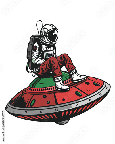 A rebellious astronaut in red attire sits defiantly atop the wreckage of a crimson-hued, destroyed UFO on a desolate alien landscape.