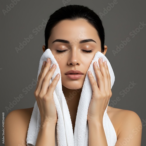 Woman gently drying her face with a soft white towel after cleansing, eyes closed