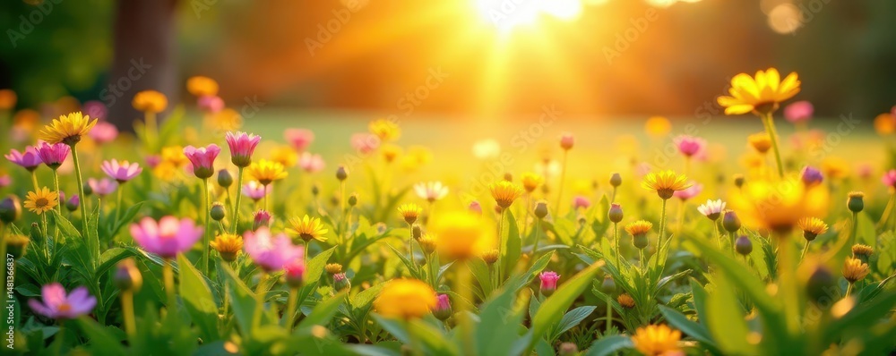 Fototapeta premium Sun-drenched meadow ablaze with pink & yellow blooms, landscape, spring landscape