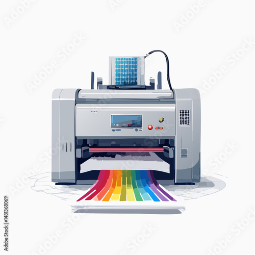 Modern Inkjet Printer Printing Colorful Graphic Design in Isometric Style

