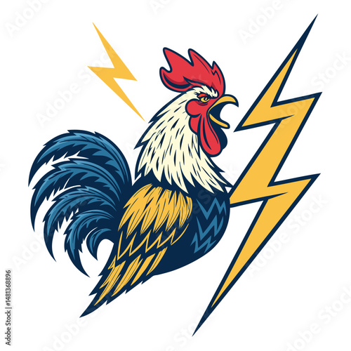 A vibrant rooster, wings ablaze with electric energy, crows fiercely within a luminous, otherworldly light.  Detailed feathers, intense expression.