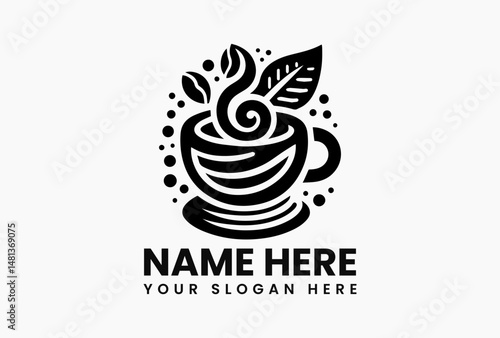 Minimalist black and white vector illustration of steaming coffee cup with beans and leaves. Beverage logo concept  