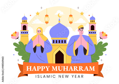 Happy 1 Muharram Vector Illustration of Celebrating the Islamic New Year with Mosque, Crescent Moon, and Lantern in a Flat Style Cartoon Background