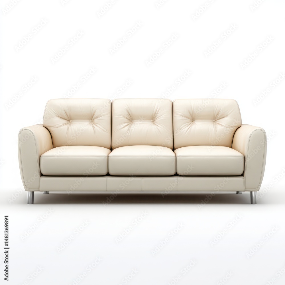 Cream Leather Sofa: Three-Seater Tufted Couch with Metal Legs, Modern Living Room Furniture, Light Neutral Tone, Product Photography Cream Leather Sofa: Three-Seater Tufted Couch with Metal Legs, Modern Living Room Furniture, Light Neutral Tone, Product Photography