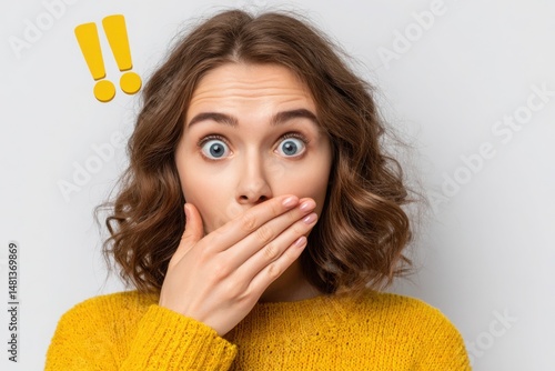 Shocked Woman Covering Mouth, Exclamation Point Icon, Surprise, Emotional Expression, Yellow Sweater, White Background, Photography