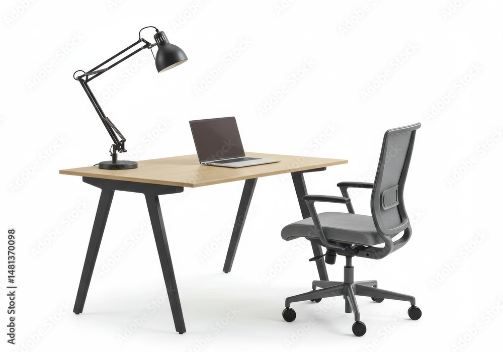 Desk with laptop lamp and chair isolated on white background Desk with laptop lamp and chair isolated on white background