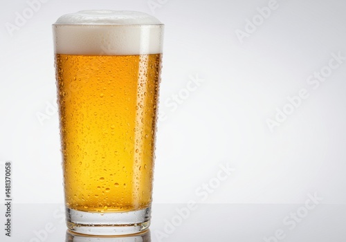 Close up of a glass of beer with condensation isolated on white background