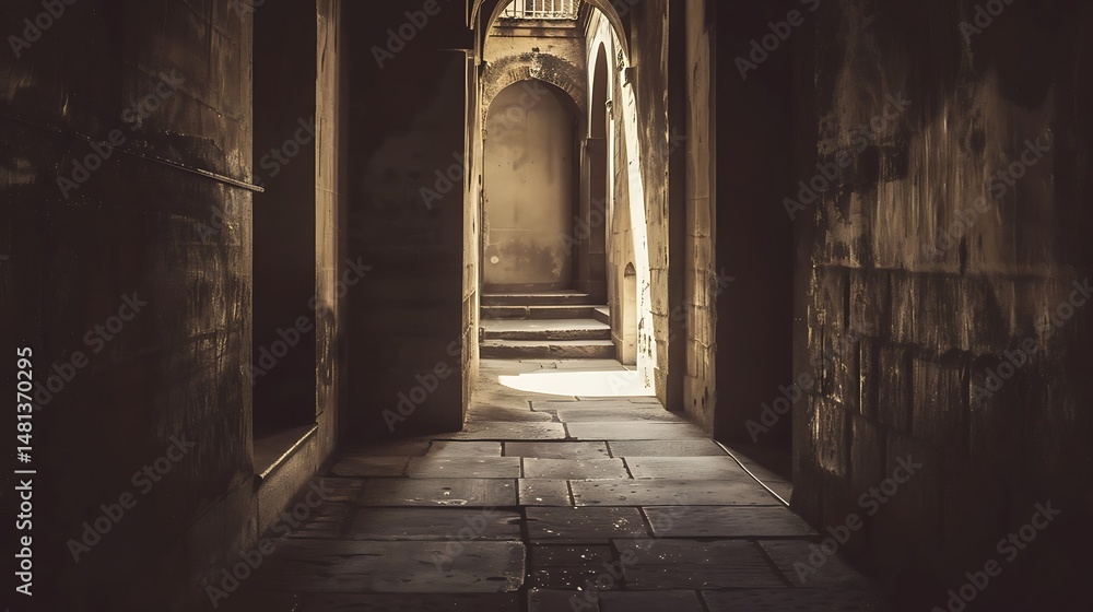 Obraz premium Ancient Stone Alleyway With Sunlight And Shadows Showing Architectural Details