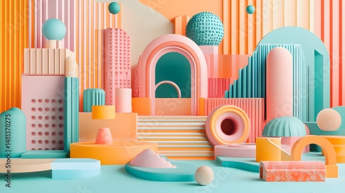 Colorful geometric shapes create a playful abstract scene.