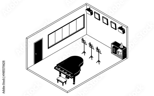 Simple and cute isometric line drawing illustration of a school music room with a grand piano and music stands