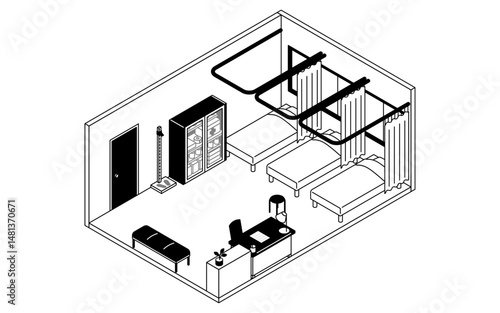 Simple and cute isometric line drawing illustration of a school infirmary with beds