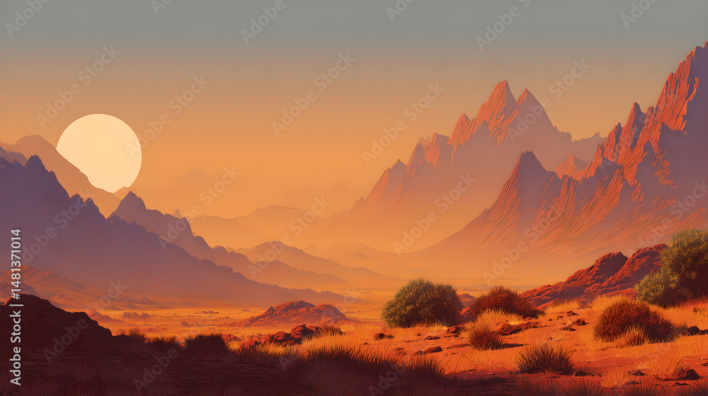 Fototapeta premium Serene Desert Sunset with Majestic Mountains and Clear Sky
