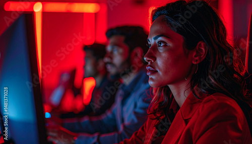 Focused Insight: A dedicated individual absorbed in their work within a modern digital setting, illuminated by a vibrant glow, reflecting innovation and commitment.
