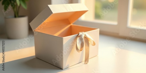 An empty, elegant off-white gift box with a delicate ribbon, bathed in soft sunlight by a windowsill