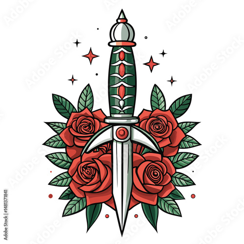 Design a tattoo featuring a rocket ship dramatically pierced by a dagger, entwined with vibrant roses.  Style should be realistic with dark ink.