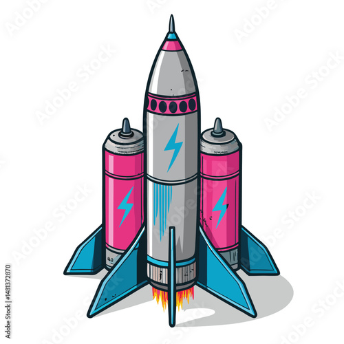 A whimsical illustration of a rocket propelled by spray paint canisters, showcasing vibrant colors and a playful, unconventional design.