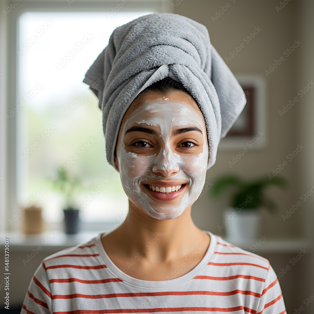Smiling woman with facial mask and towel on head, indoor setting Smiling woman with facial mask and towel on head, indoor setting