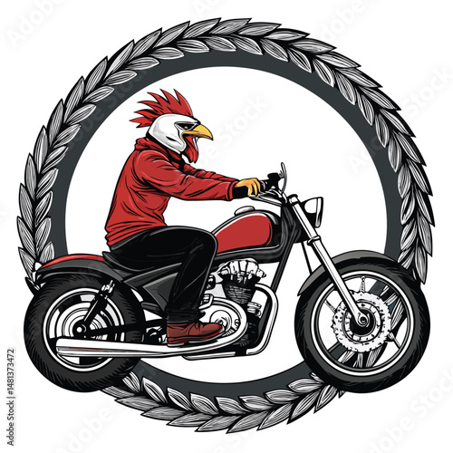 A tough rooster biker, wearing leather, astride a chrome chopper motorcycle, inside a giant gleaming chrome letter 'T'.