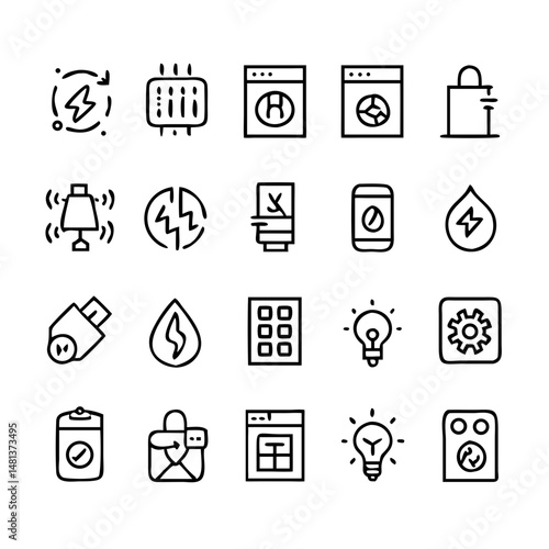 Energy saving and efficiency editable stroke outline icons set isolated on white background flat vector illustration. Alternative energy sources vector linear icons set. Ecology renewable energy .