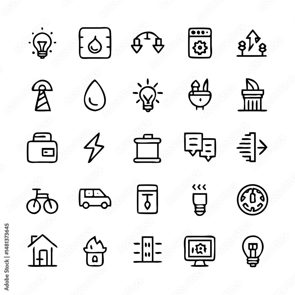 Energy saving and efficiency editable stroke outline icons set isolated on white background flat vector illustration. Alternative energy sources vector linear icons set. Ecology renewable energy . Energy saving and efficiency editable stroke outline icons set isolated on white background flat vector illustration. Alternative energy sources vector linear icons set. Ecology renewable energy .