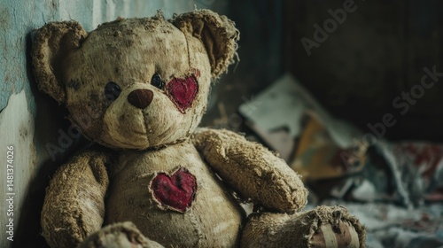 Worn teddy bear, abandoned and sad