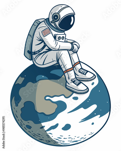 A lone astronaut, melancholic and dejected, sits on a minuscule, desolate planet, gazing at a vast, star-filled expanse.  Blending digital painting and photorealistic elements.