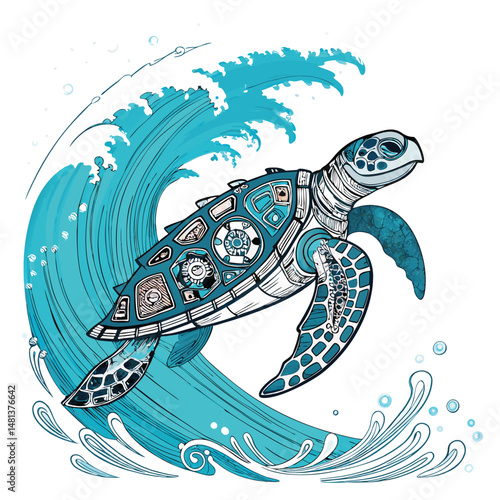 A majestic sea turtle, gracefully swimming in a vibrant ocean, subtly reveals advanced cybernetic enhancements within its shell and flippers.
