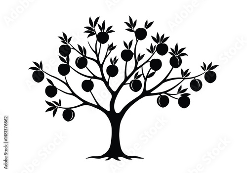 Peach tree silhouette. This image shows a black silhouette of a peach tree full of fruit, representing a bountiful harvest. Vector clipart illustration design.