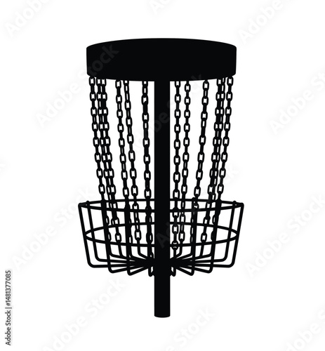 Disc golf basket silhouette. The image shows a black silhouette of a disc golf basket with chains, the target for the flying disc in the sport. Vector clipart illustration design.