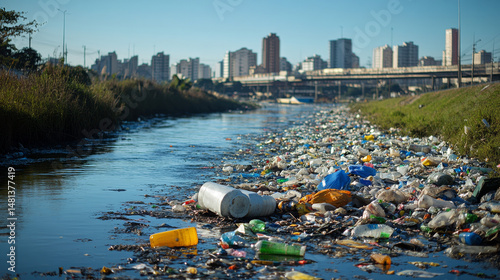 Riverbank in SÃ£o Paulo, Brazil strewn with trash, showing the destructive effects of pollution