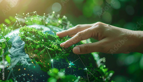 Eco-conscious World: A human hand gently touches a miniature, verdant representation of Earth, symbolizing environmental stewardship, sustainability, and harmonious living.