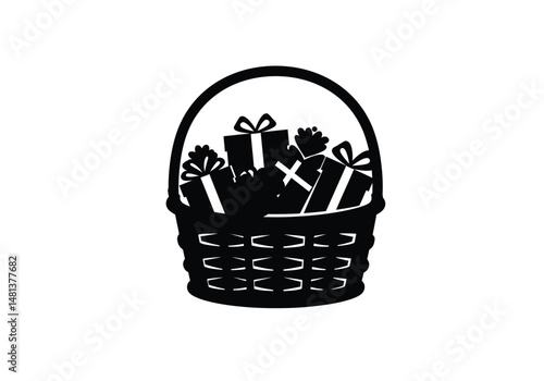 Gift basket silhouette. The image shows a black silhouette of a basket filled with wrapped gifts, often given during celebrations. Vector clipart illustration design.