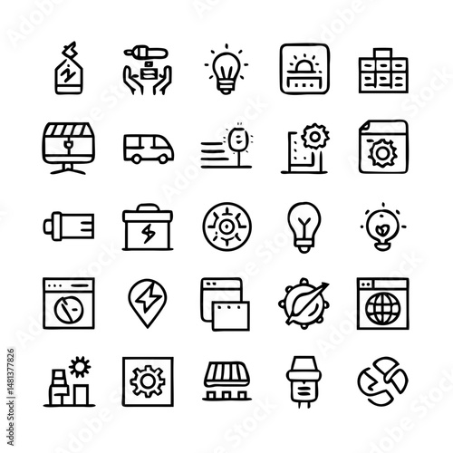 Energy saving and efficiency editable stroke outline icons set isolated on white background flat vector illustration. Alternative energy sources vector linear icons set. Ecology renewable energy .