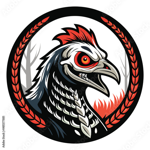 A terrifying skeletal chicken, fiery red eyes blazing, encircled by a swirling vortex of horror.  Intricate detail, dark and eerie atmosphere.