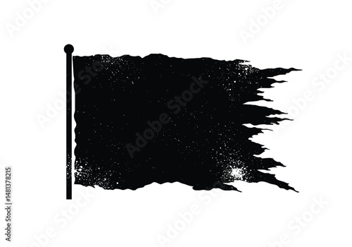 Distressed flag silhouette. The image shows a black silhouette of a tattered and weathered flag on a pole, suggesting age or battle. Vector clipart illustration design.