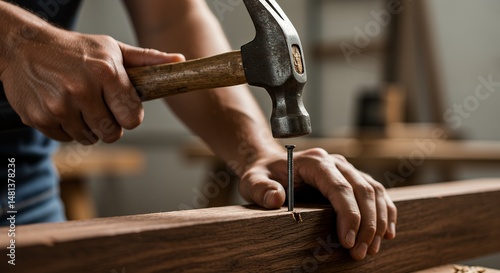 Driving Nail Into Wood Plank with Hammer