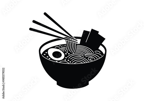 Ramen silhouette. The image shows a black silhouette of a bowl of ramen, a popular Asian noodle soup dish. Vector clipart illustration design.