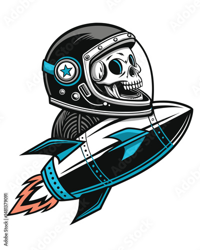 A detailed illustration of a skull in a retro space helmet astride a vintage rocket, blasting off into space; vibrant, detailed, sci-fi art.
