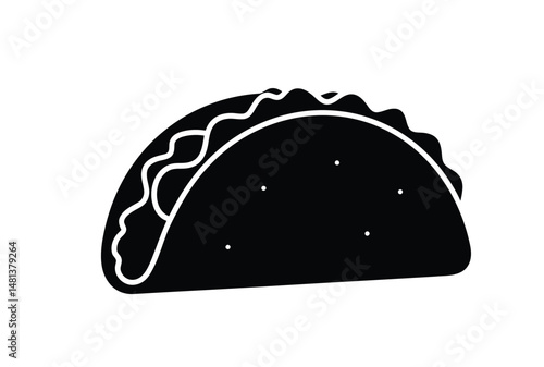 Taco silhouette. The image shows a black silhouette of a taco, a Mexican dish consisting of a tortilla wrap. Vector clipart illustration design.