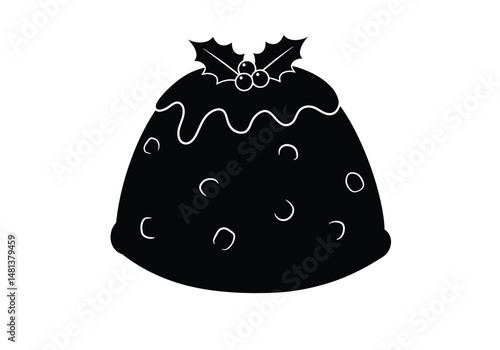 Christmas pudding silhouette. The image shows a black silhouette of a Christmas pudding, a traditional holiday dessert often decorated with holly. Vector clipart illustration design.