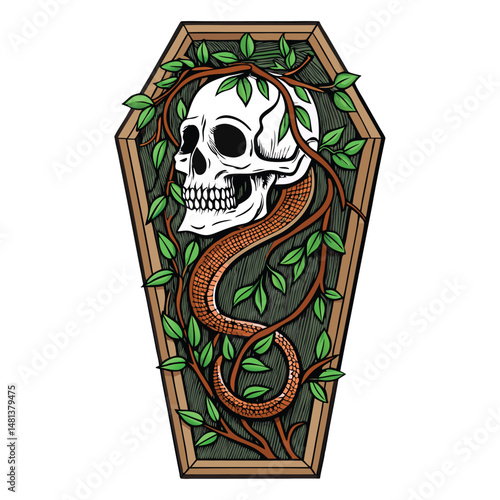 A detailed rendering of a snake skull nestled within a decaying wooden coffin, intricately interwoven with creeping vines and foliage.