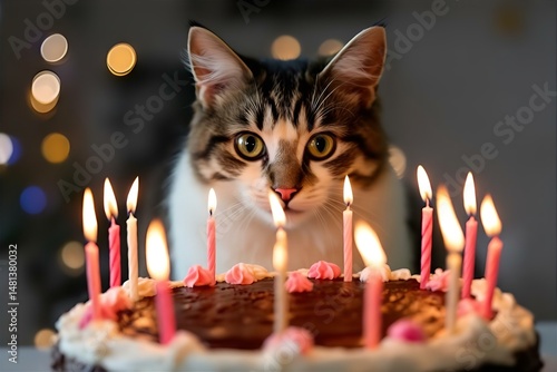 Cat Birthday Cake Celebration: Adorable Tabby with Lit Candles, Festive Party, Cute Pet Photography, Happy Birthday Theme