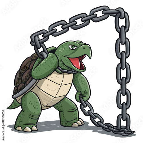 A snapping turtle grips a rusty chain within a rusted, urban metal structure; gritty, detailed texture.