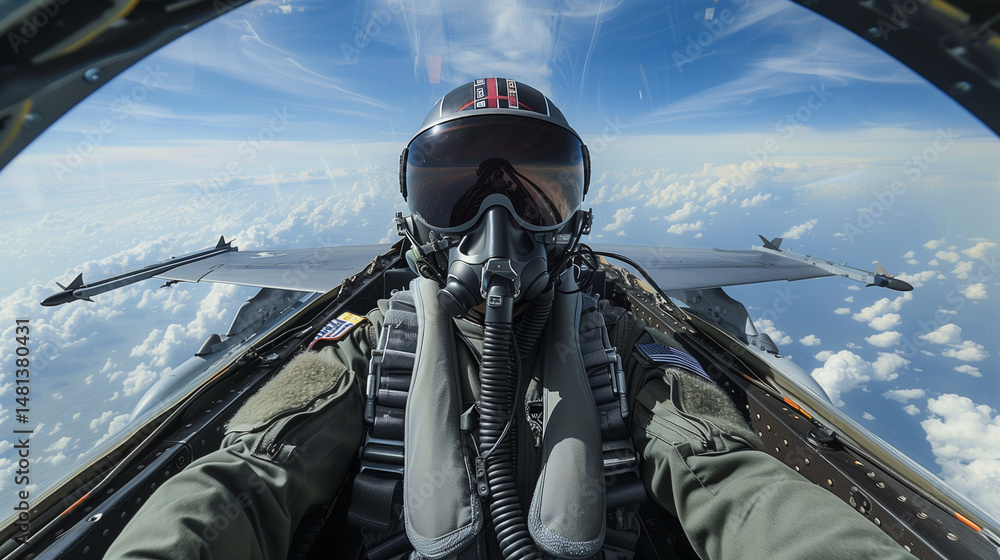 Fototapeta premium Fighter Jet Pilot in Cockpit Flying Above the Clouds