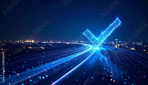 A glowing blue checkmark shines above a city skyline, symbolizing approval and success, with light trails suggesting movement and innovation