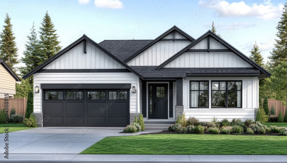 Modern farmhouse exterior. Clean lines, black and white Modern farmhouse exterior. Clean lines, black and white