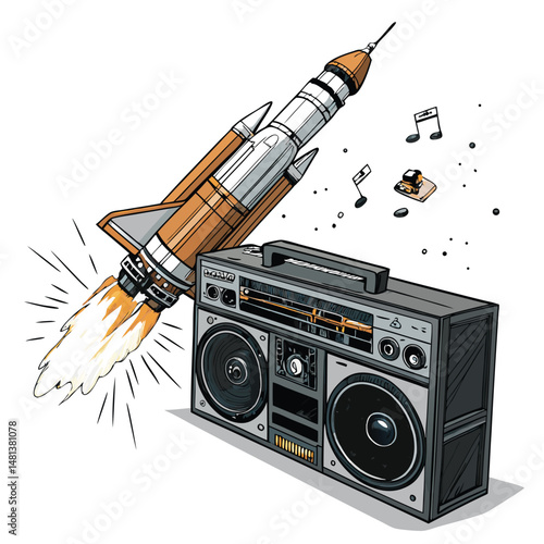 A vintage-style illustration of a futuristic space rocket violently crashing into an oversized, retro boombox.  Focus on the impact and resulting debris.