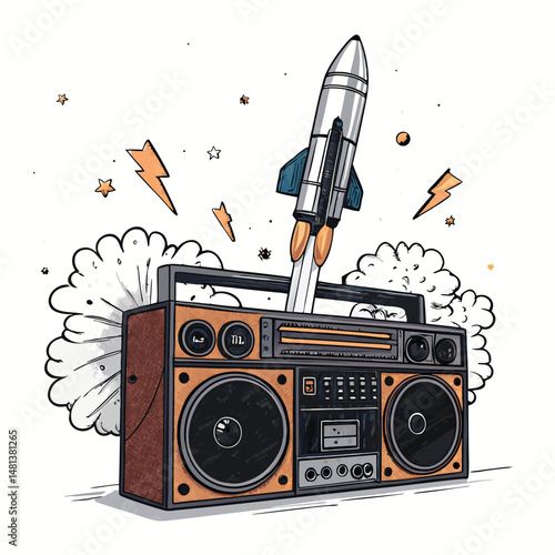 A vintage boombox, colossal in size, is violently struck by a crashing space rocket; fiery explosion, retro aesthetic.