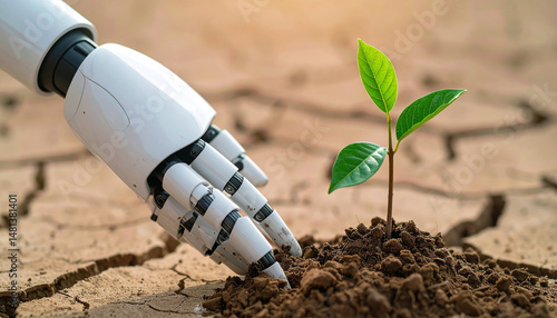 Digital Embrace: A robot hand tenderly cares for a nascent plant. A visual narrative of technology's role in the preservation of nature.